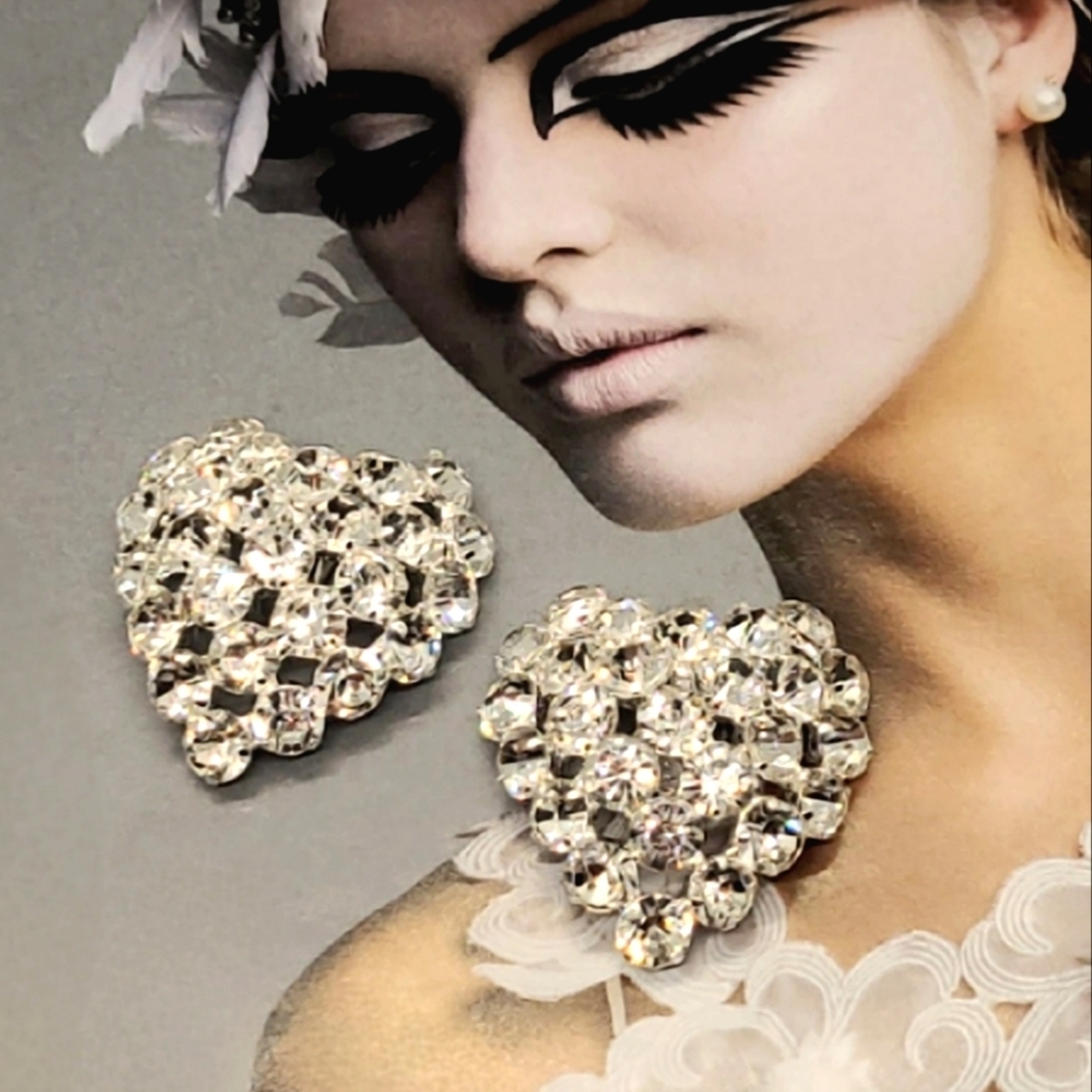 Vintage Exaggerated Heart Shaped Crystal Silver Clip On Earrings